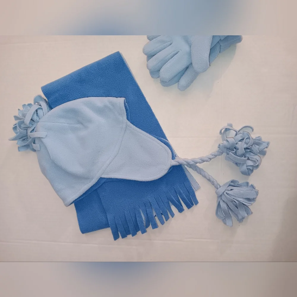 Kids Blue Fleece Winter Hat, Scarf, and Gloves Set Two Tone Light Dark